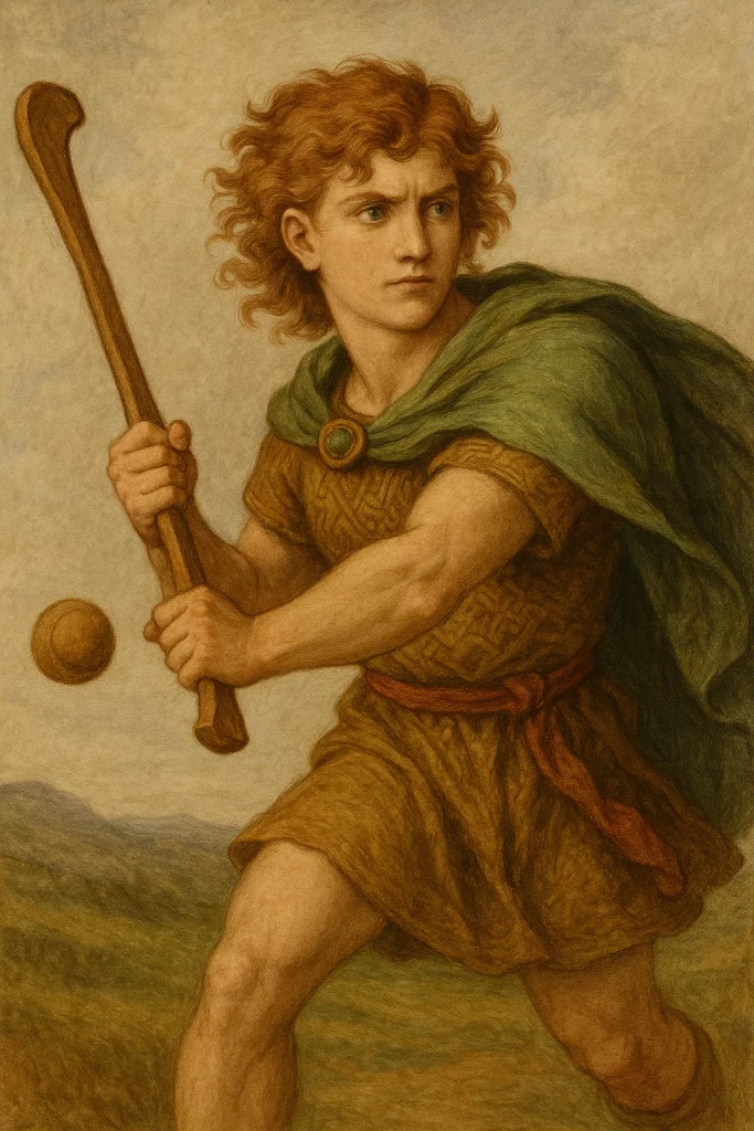 Illustration of a person in ancient attire wielding a hurley and ball, depicting historical sports action.