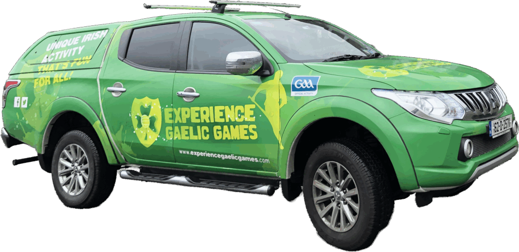 Green Experience Gaelic Games truck promoting Irish cultural activities.