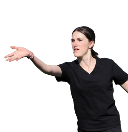 Person in black shirt gesturing with arm extended, wearing pink bracelets, against a white background.