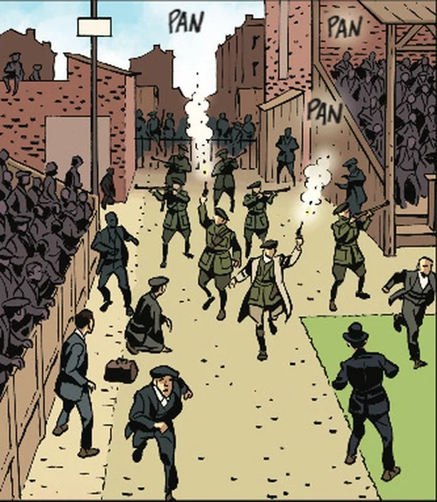 Comic scene with armed soldiers and people in chaos on a street, depicting intense action and movement.