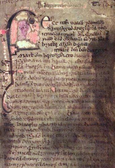 Illuminated medieval manuscript with decorative initials and ancient script on parchment.