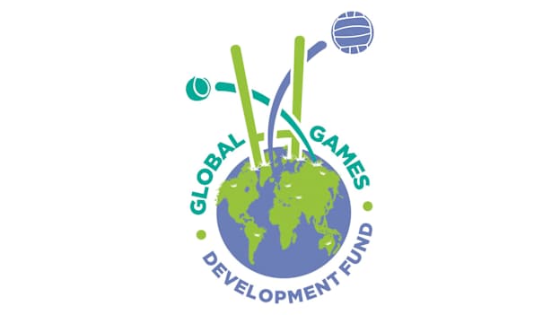 Logo of Global Games Development Fund featuring a globe with sports equipment, symbolizing unity and global sports development.