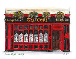 Illustration of a traditional Irish pub with red exterior and colorful flowers on top, depicting a cozy and lively atmosphere.